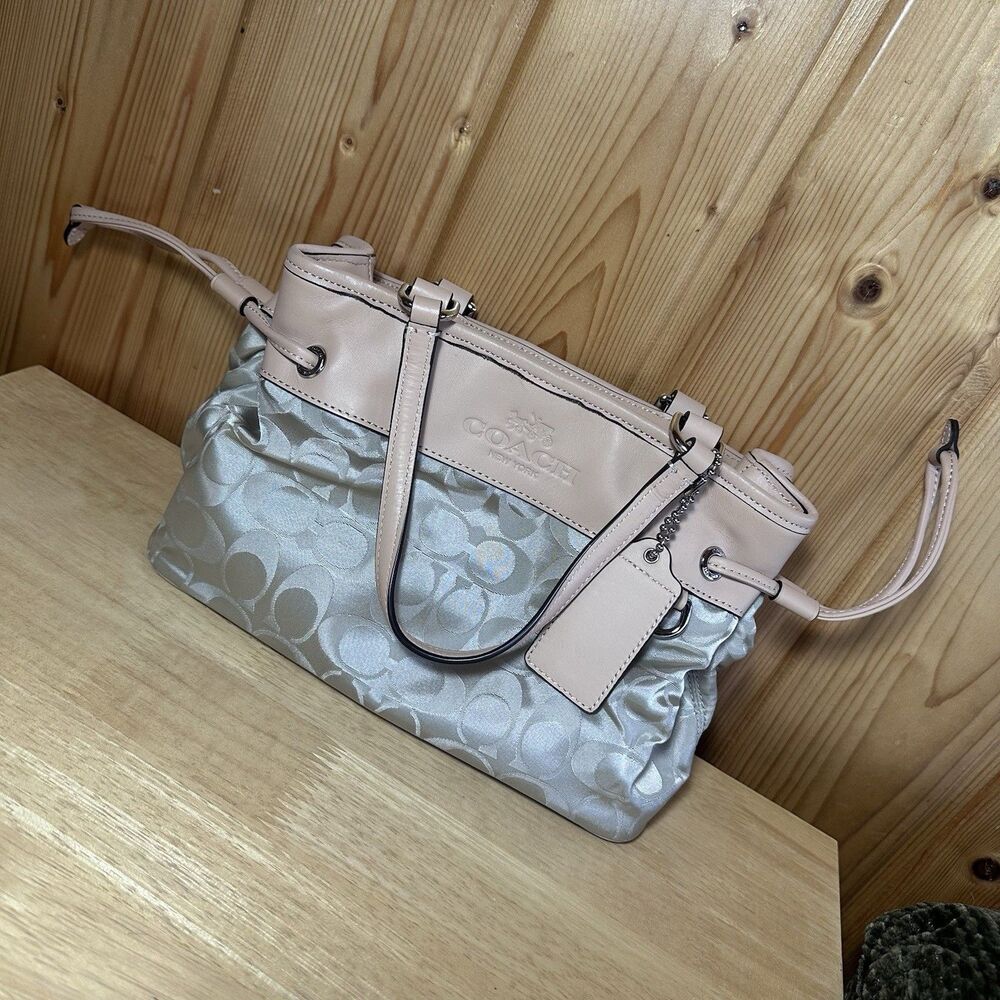 Coach 32704 Signature Sateen Mini Drawstring Satchel Beige Pink